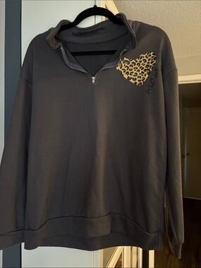 Charcoal Half-Zip Sweatshirt with Leopard Heart